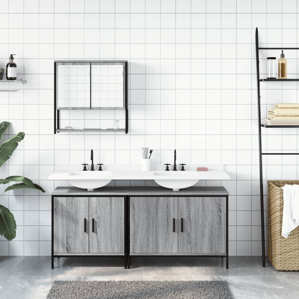 3-delige Badkamermeubelset bewerkt hout grijs sonoma eikenkleur is nu te koop bij PeponiXL, paradijselijk wonen!