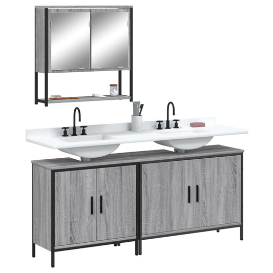 3-delige Badkamermeubelset bewerkt hout grijs sonoma eikenkleur is nu te koop bij PeponiXL, paradijselijk wonen!