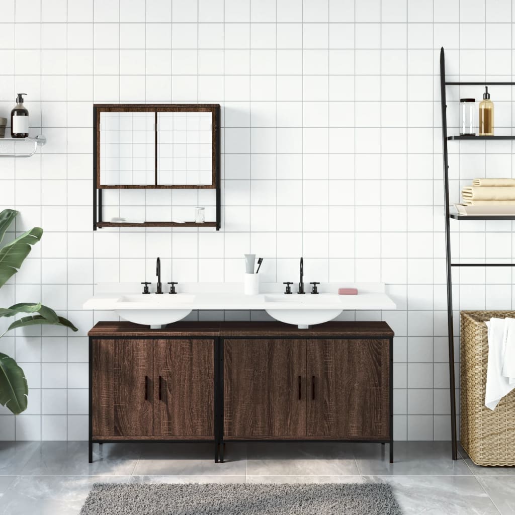 3-delige Badkamermeubelset bewerkt hout bruin eikenkleur is nu te koop bij PeponiXL, paradijselijk wonen!