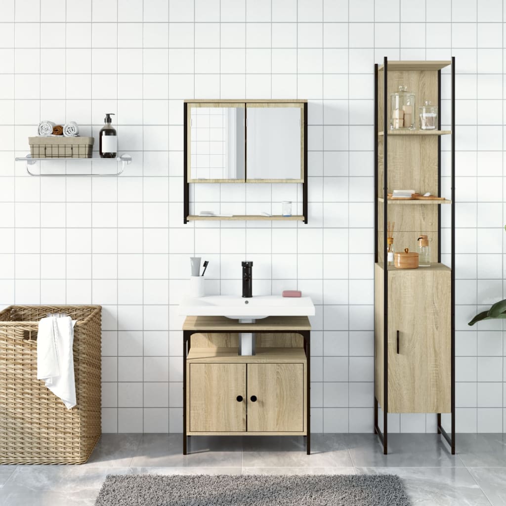 3-delige Badkamermeubelset bewerkt hout sonoma eikenkleurig is nu te koop bij PeponiXL, paradijselijk wonen!