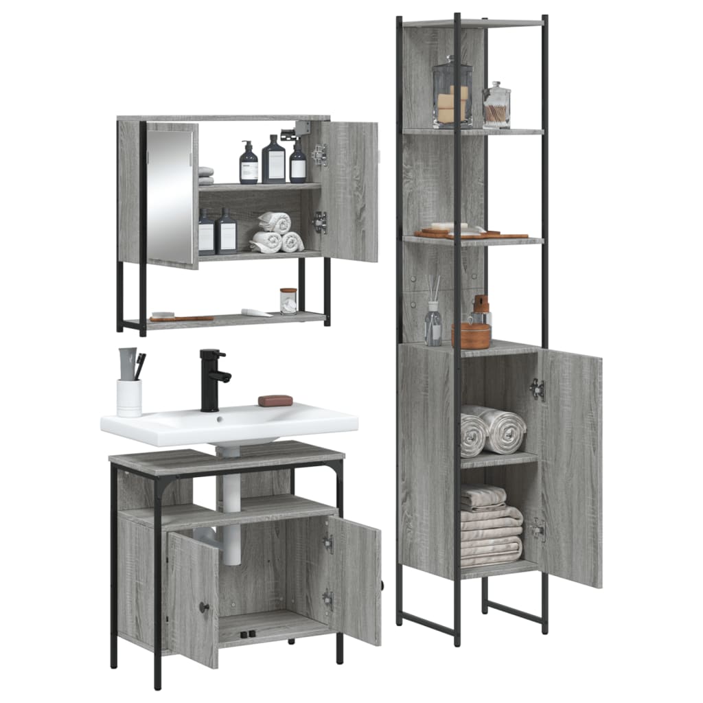3-delige Badkamermeubelset bewerkt hout grijs sonoma eikenkleur is nu te koop bij PeponiXL, paradijselijk wonen!
