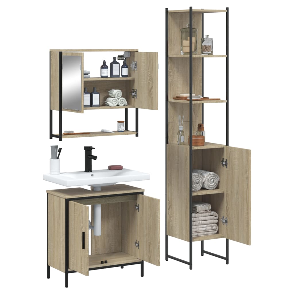 3-delige Badkamermeubelset bewerkt hout sonoma eikenkleurig is nu te koop bij PeponiXL, paradijselijk wonen!