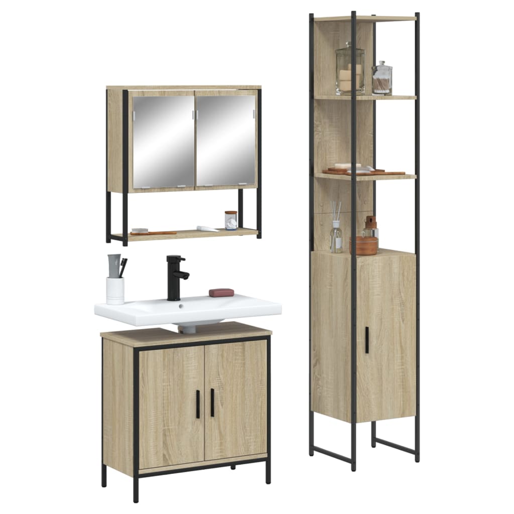 3-delige Badkamermeubelset bewerkt hout sonoma eikenkleurig is nu te koop bij PeponiXL, paradijselijk wonen!