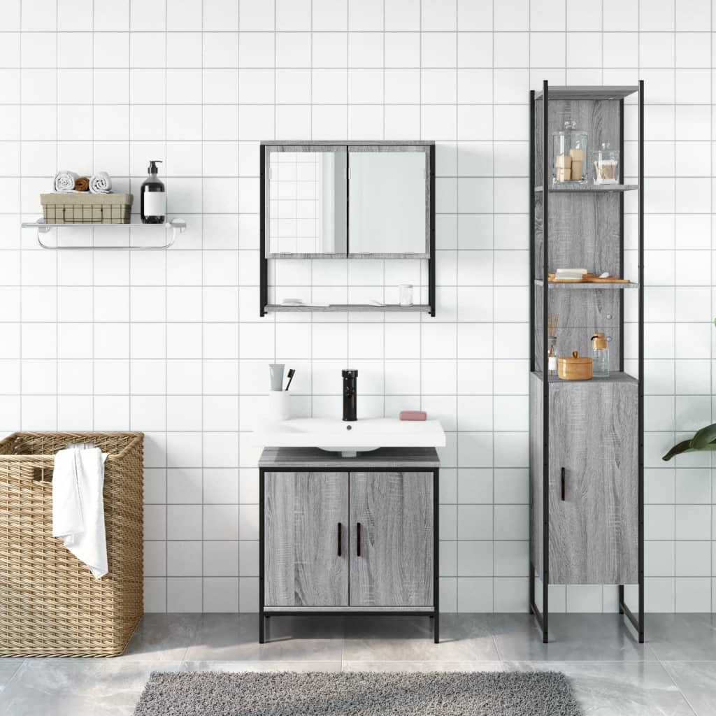 3-delige Badkamermeubelset bewerkt hout grijs sonoma eikenkleur is nu te koop bij PeponiXL, paradijselijk wonen!