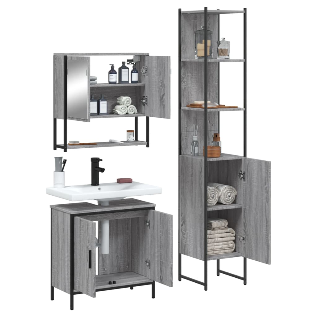 3-delige Badkamermeubelset bewerkt hout grijs sonoma eikenkleur is nu te koop bij PeponiXL, paradijselijk wonen!