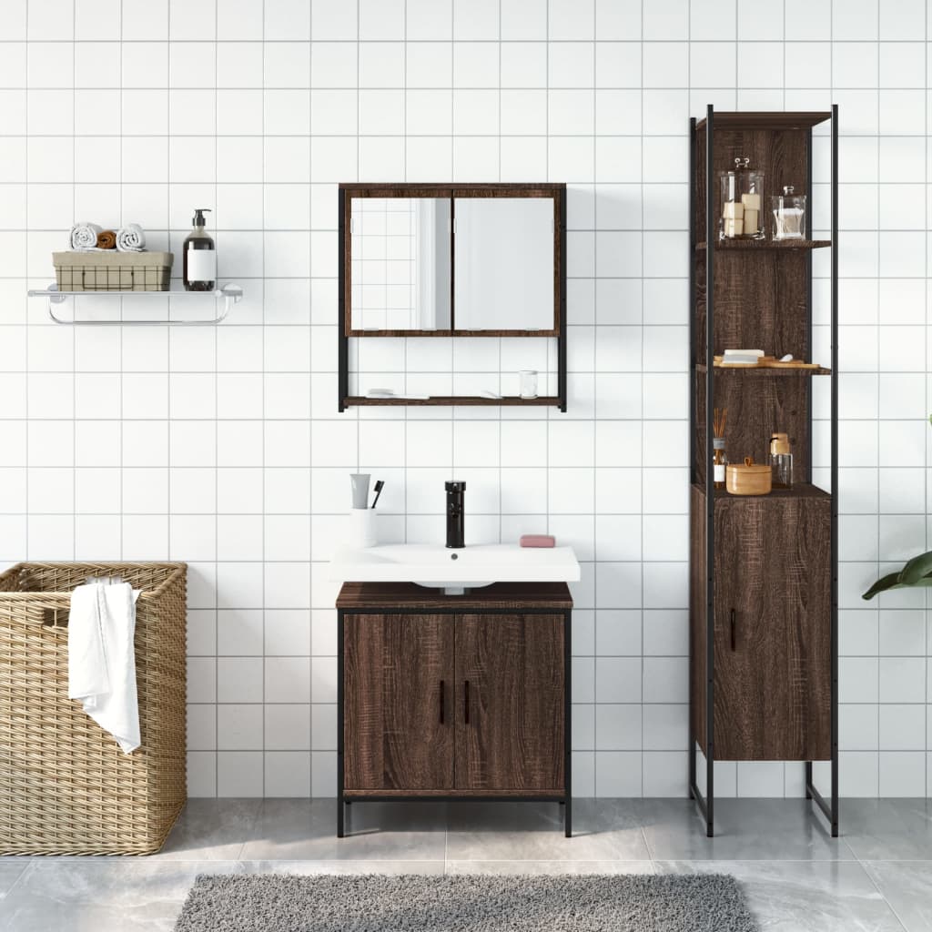 3-delige Badkamermeubelset bewerkt hout bruin eikenkleur is nu te koop bij PeponiXL, paradijselijk wonen!