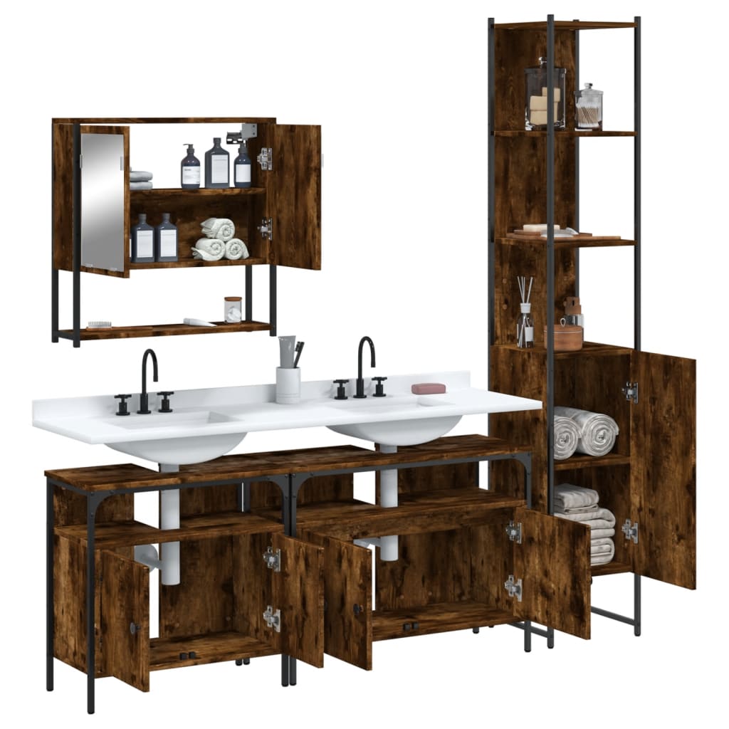 4-delige Badkamermeubelset bewerkt hout gerookt eikenkleurig is nu te koop bij PeponiXL, paradijselijk wonen!