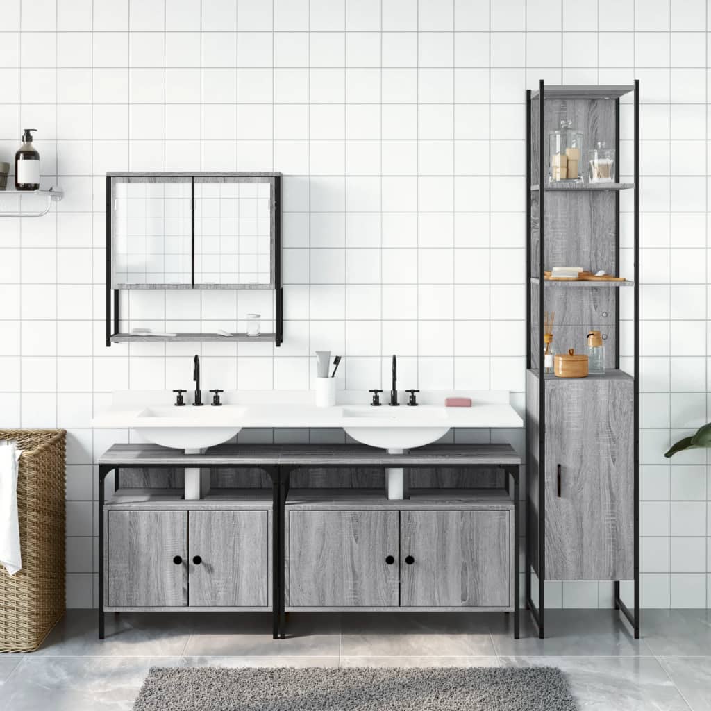 4-delige Badkamermeubelset bewerkt hout grijs sonoma eikenkleur is nu te koop bij PeponiXL, paradijselijk wonen!