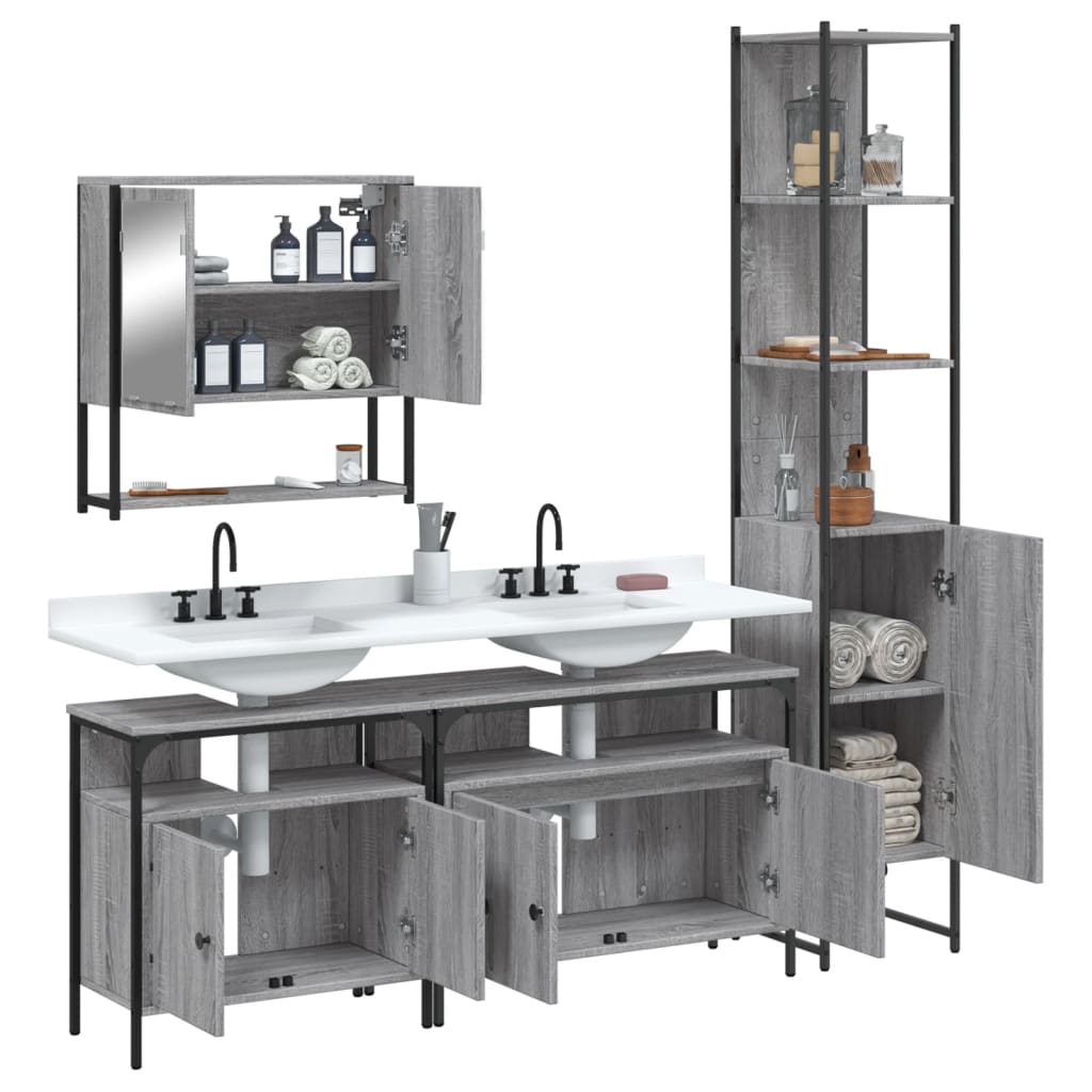 4-delige Badkamermeubelset bewerkt hout grijs sonoma eikenkleur is nu te koop bij PeponiXL, paradijselijk wonen!