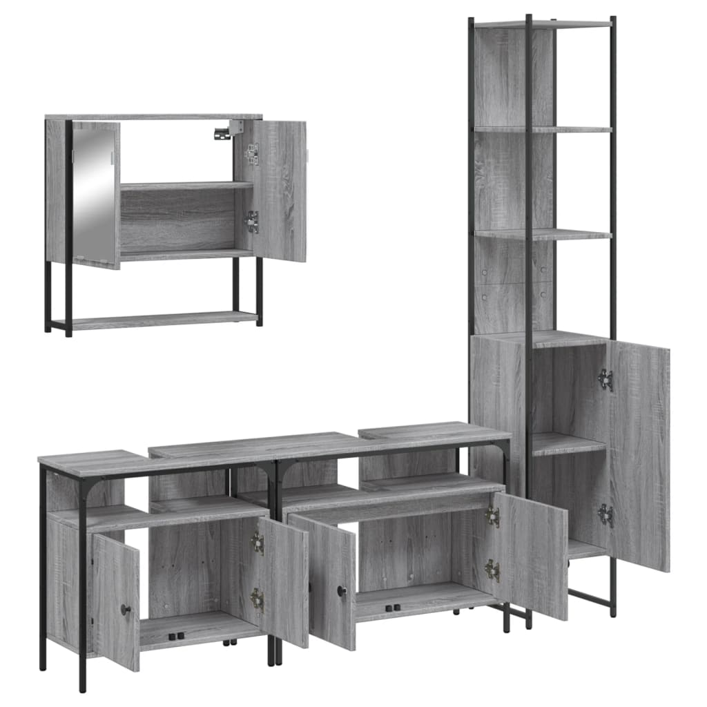 4-delige Badkamermeubelset bewerkt hout grijs sonoma eikenkleur is nu te koop bij PeponiXL, paradijselijk wonen!