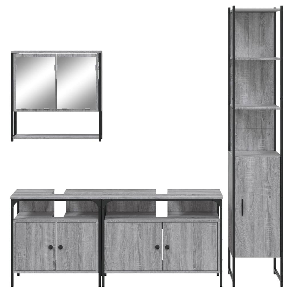 4-delige Badkamermeubelset bewerkt hout grijs sonoma eikenkleur is nu te koop bij PeponiXL, paradijselijk wonen!