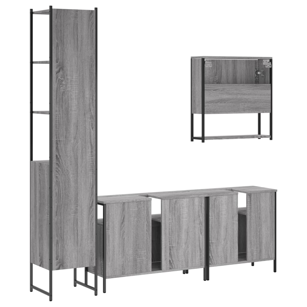 4-delige Badkamermeubelset bewerkt hout grijs sonoma eikenkleur is nu te koop bij PeponiXL, paradijselijk wonen!