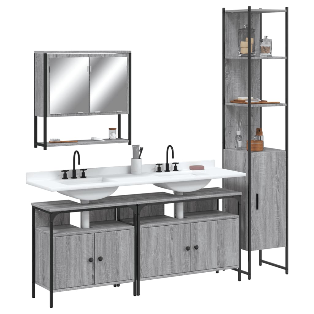 4-delige Badkamermeubelset bewerkt hout grijs sonoma eikenkleur is nu te koop bij PeponiXL, paradijselijk wonen!