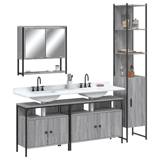 4-delige Badkamermeubelset bewerkt hout grijs sonoma eikenkleur is nu te koop bij PeponiXL, paradijselijk wonen!