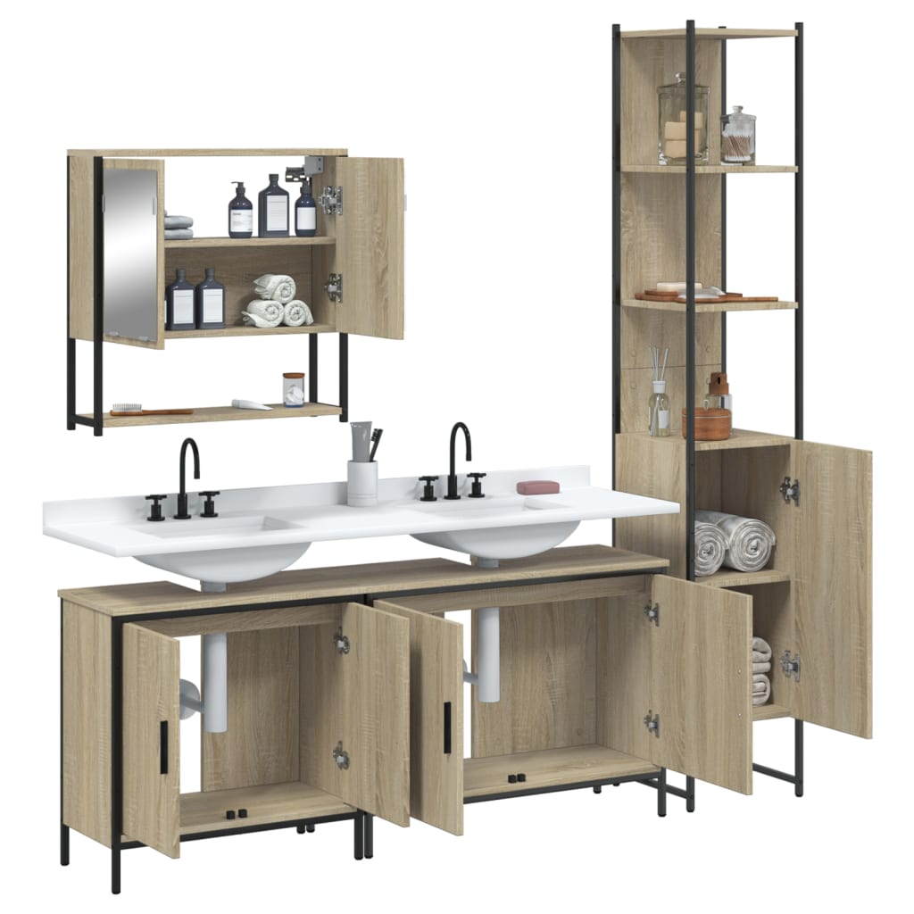 4-delige Badkamermeubelset bewerkt hout sonoma eikenkleurig is nu te koop bij PeponiXL, paradijselijk wonen!