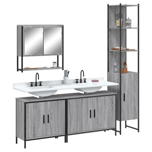4-delige Badkamermeubelset bewerkt hout grijs sonoma eikenkleur is nu te koop bij PeponiXL, paradijselijk wonen!
