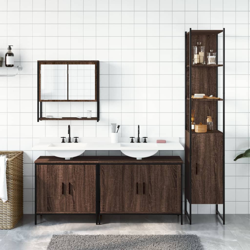 4-delige Badkamermeubelset bewerkt hout bruin eikenkleur is nu te koop bij PeponiXL, paradijselijk wonen!