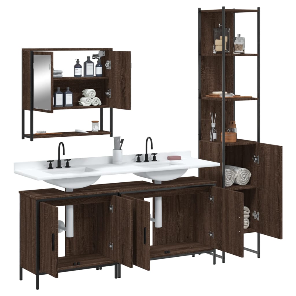 4-delige Badkamermeubelset bewerkt hout bruin eikenkleur is nu te koop bij PeponiXL, paradijselijk wonen!
