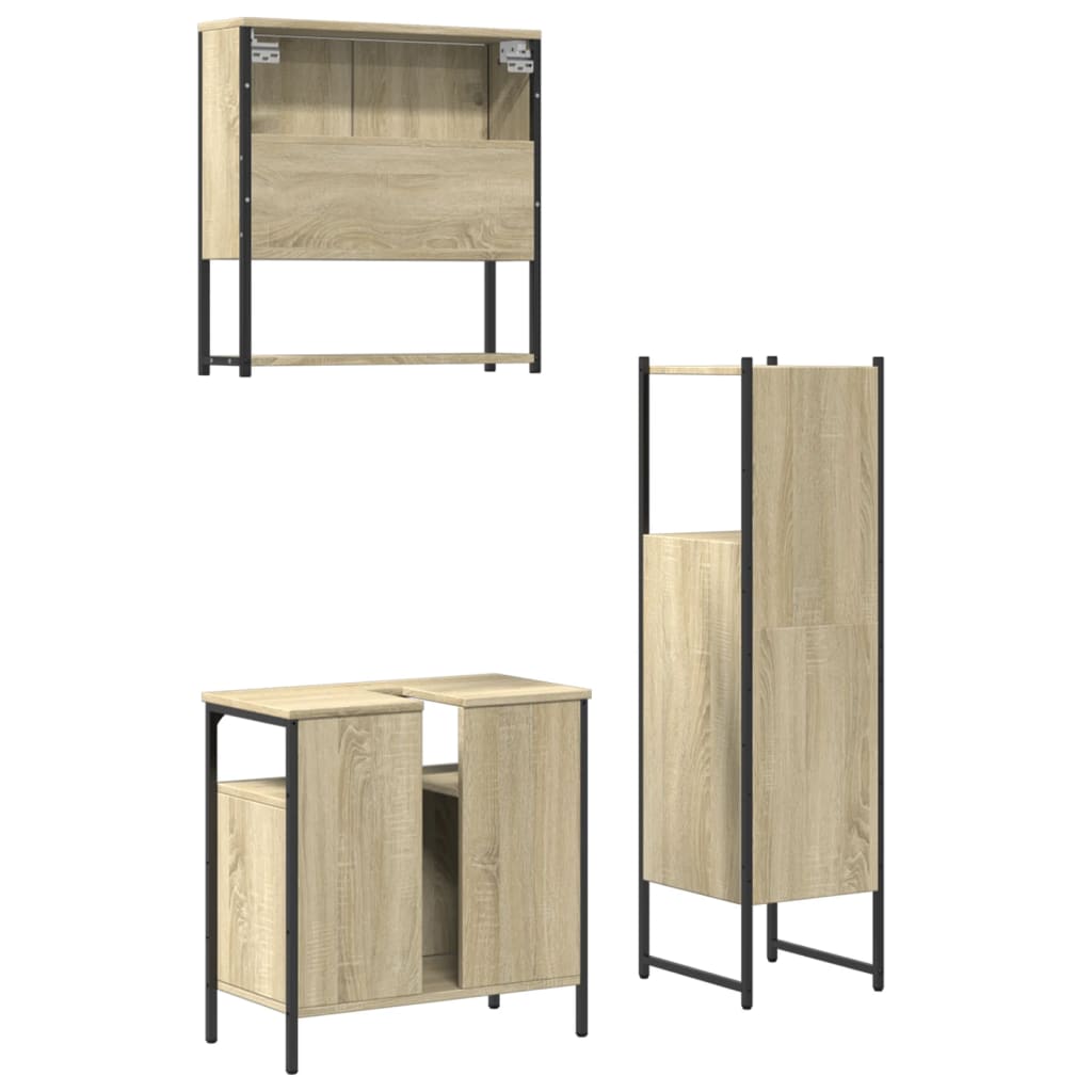 3-delige Badkamermeubelset bewerkt hout sonoma eikenkleurig is nu te koop bij PeponiXL, paradijselijk wonen!