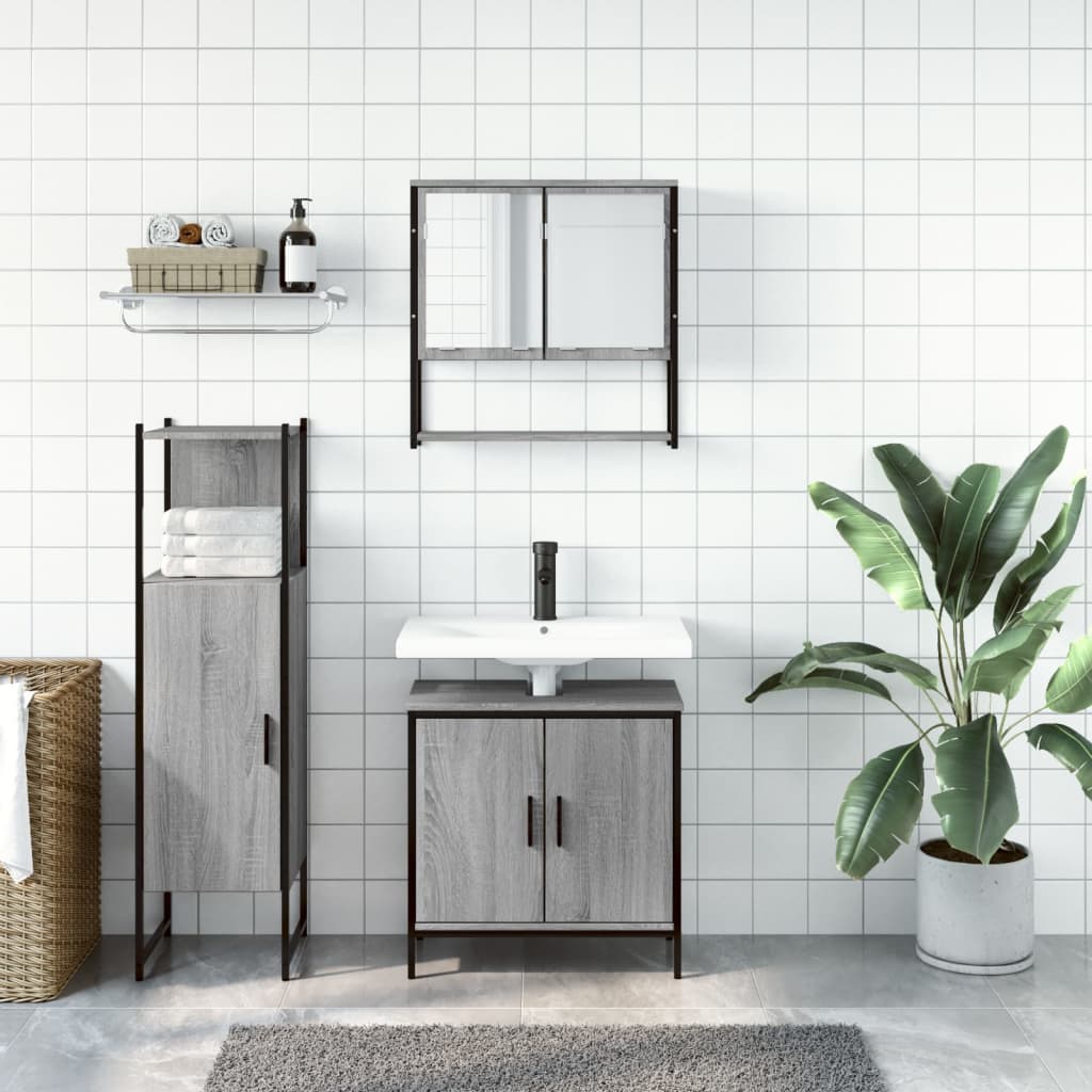 3-delige Badkamermeubelset bewerkt hout grijs sonoma eikenkleur is nu te koop bij PeponiXL, paradijselijk wonen!