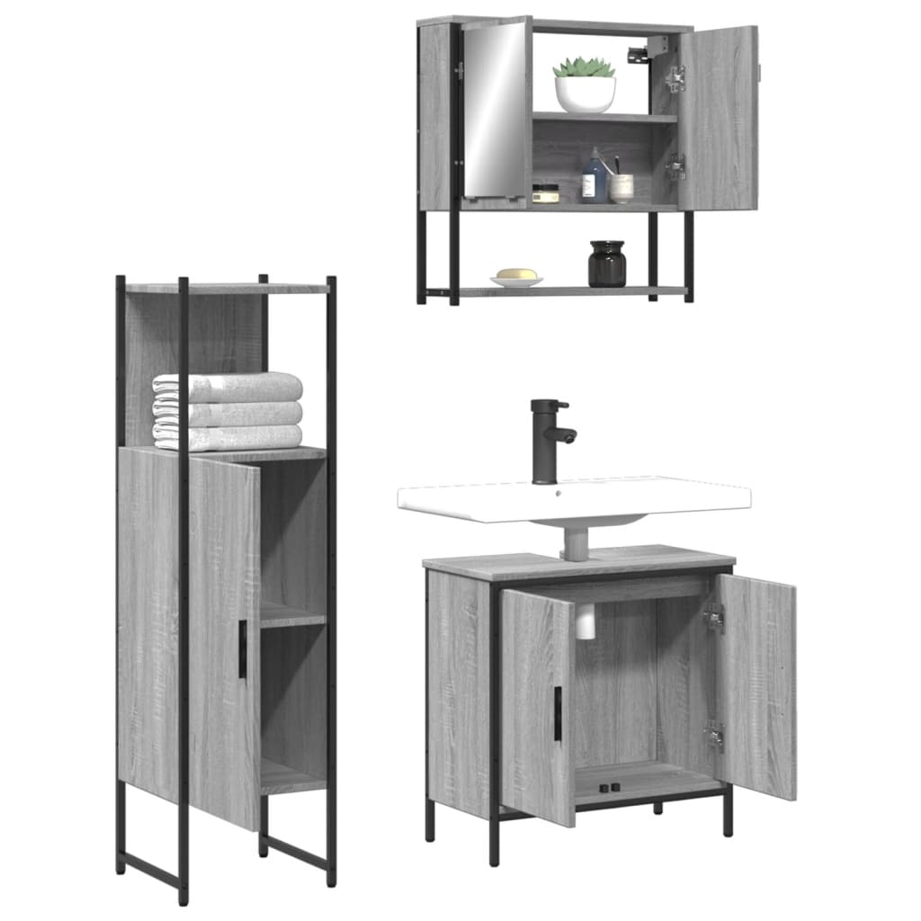 3-delige Badkamermeubelset bewerkt hout grijs sonoma eikenkleur is nu te koop bij PeponiXL, paradijselijk wonen!