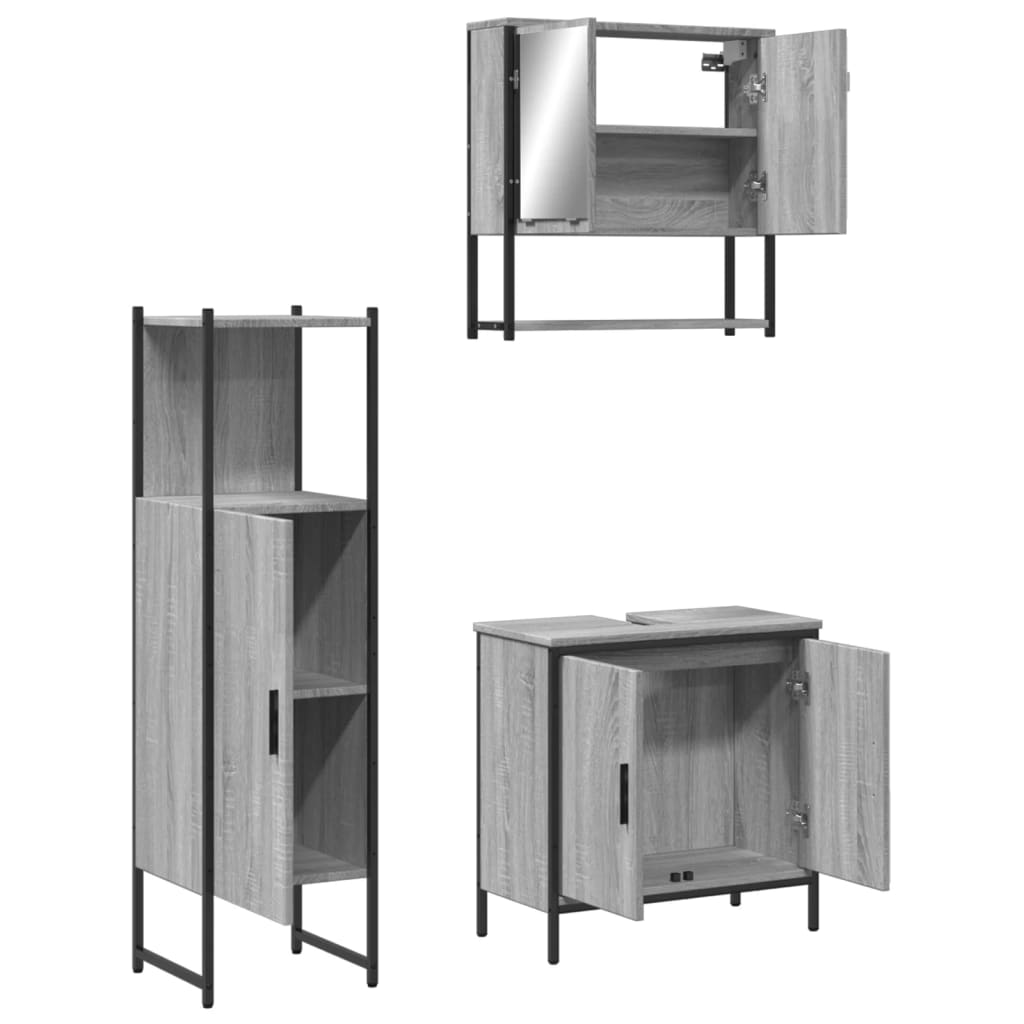 3-delige Badkamermeubelset bewerkt hout grijs sonoma eikenkleur is nu te koop bij PeponiXL, paradijselijk wonen!