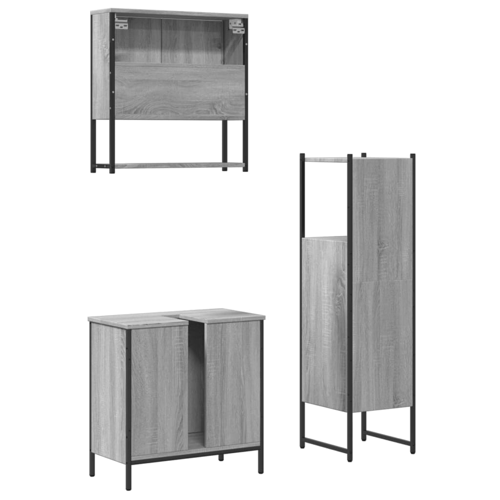 3-delige Badkamermeubelset bewerkt hout grijs sonoma eikenkleur is nu te koop bij PeponiXL, paradijselijk wonen!