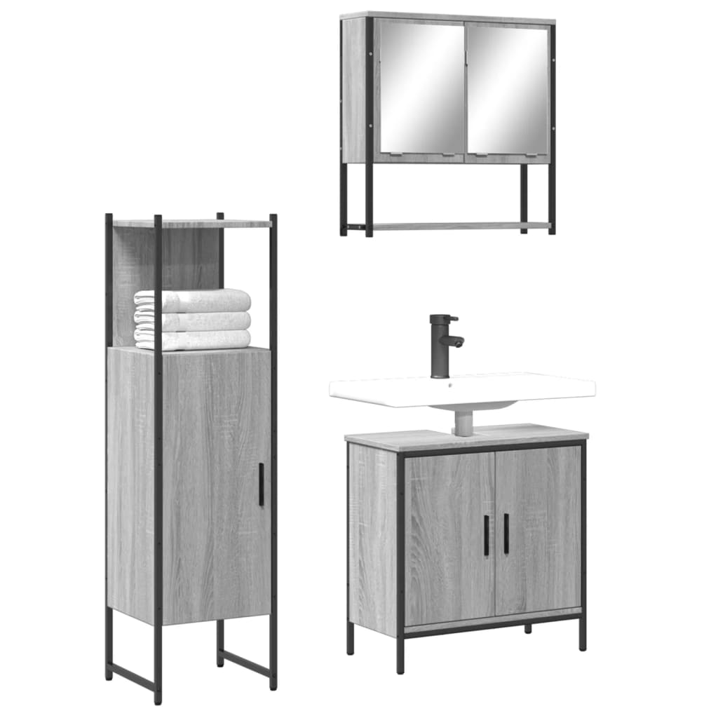 3-delige Badkamermeubelset bewerkt hout grijs sonoma eikenkleur is nu te koop bij PeponiXL, paradijselijk wonen!