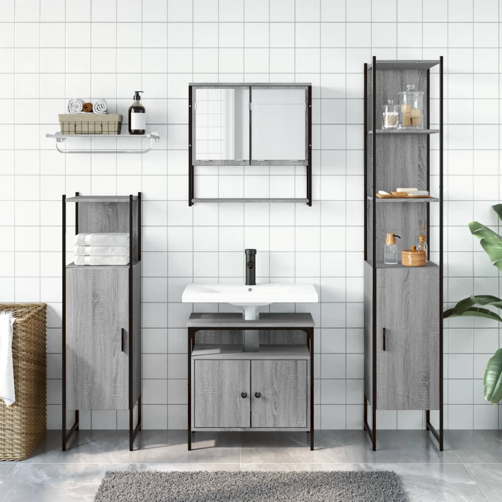 4-delige Badkamermeubelset bewerkt hout grijs sonoma eikenkleur is nu te koop bij PeponiXL, paradijselijk wonen!