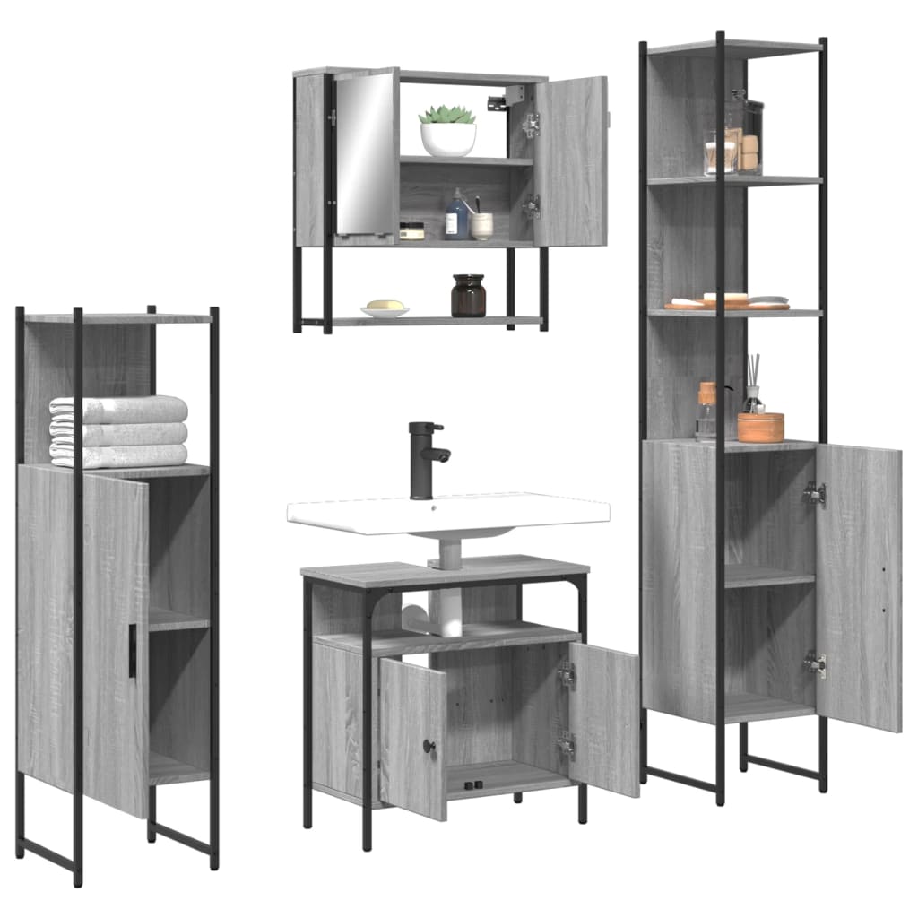 4-delige Badkamermeubelset bewerkt hout grijs sonoma eikenkleur is nu te koop bij PeponiXL, paradijselijk wonen!