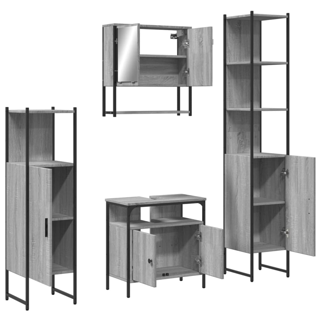 4-delige Badkamermeubelset bewerkt hout grijs sonoma eikenkleur is nu te koop bij PeponiXL, paradijselijk wonen!