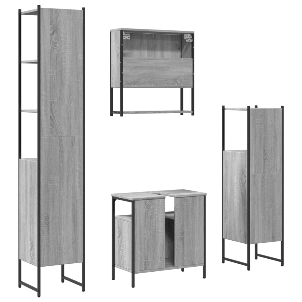4-delige Badkamermeubelset bewerkt hout grijs sonoma eikenkleur is nu te koop bij PeponiXL, paradijselijk wonen!