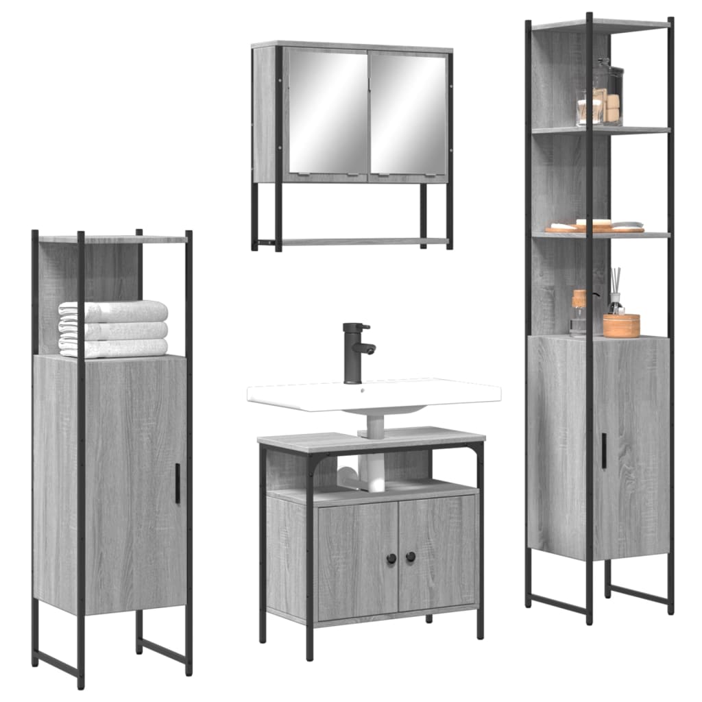 4-delige Badkamermeubelset bewerkt hout grijs sonoma eikenkleur is nu te koop bij PeponiXL, paradijselijk wonen!