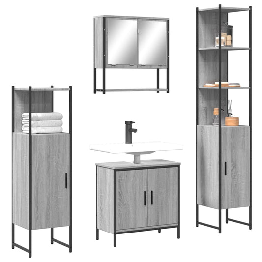 4-delige Badkamermeubelset bewerkt hout grijs sonoma eikenkleur is nu te koop bij PeponiXL, paradijselijk wonen!