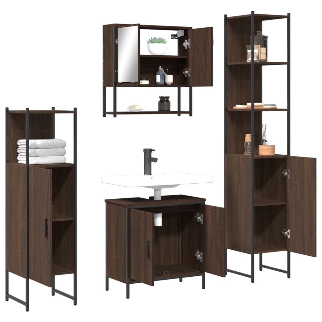 4-delige Badkamermeubelset bewerkt hout bruin eikenkleur is nu te koop bij PeponiXL, paradijselijk wonen!