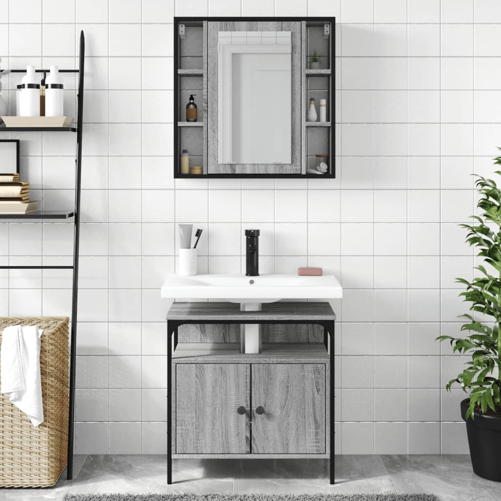 2-delige Badkamermeubelset bewerkt hout grijs sonoma eikenkleur is nu te koop bij PeponiXL, paradijselijk wonen!