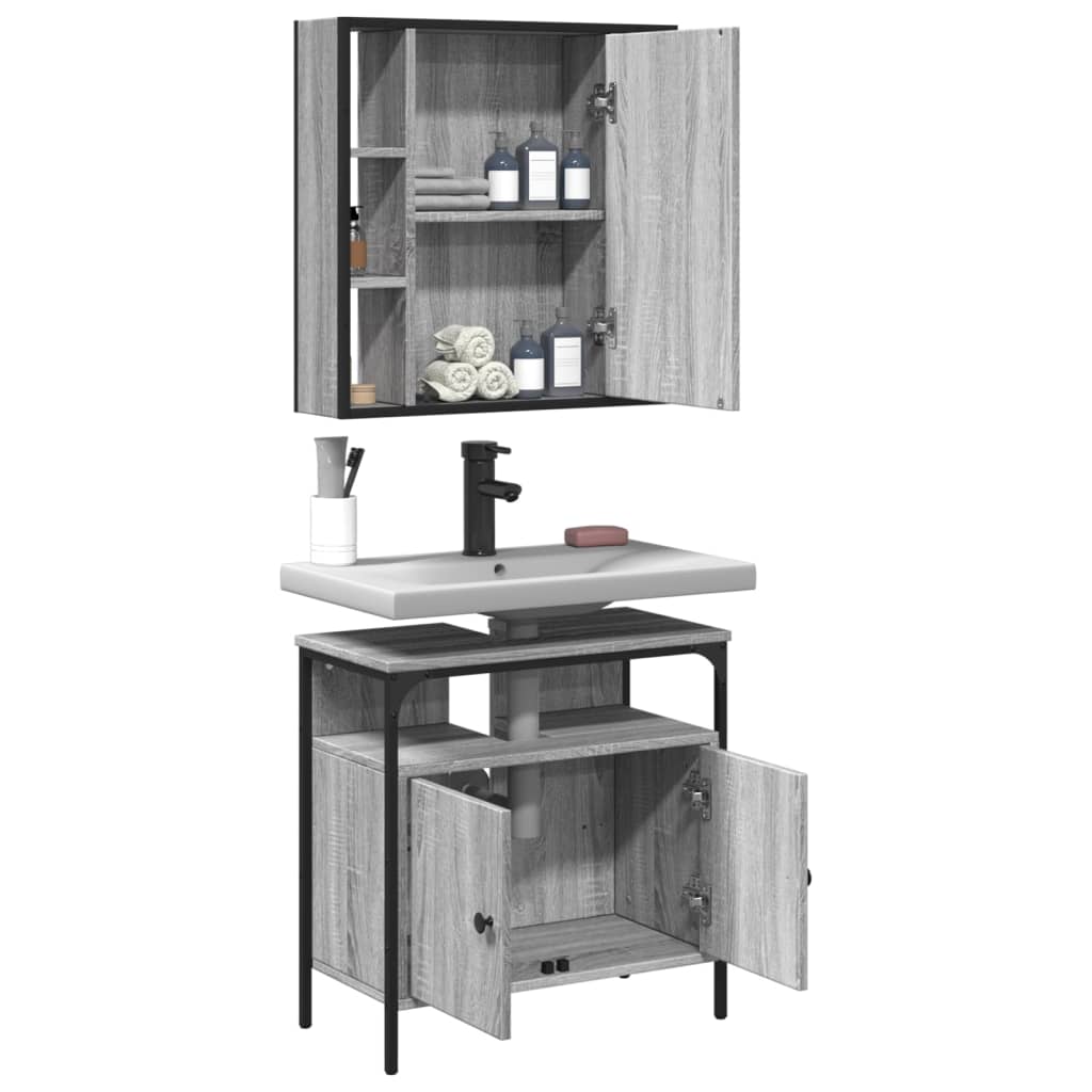 2-delige Badkamermeubelset bewerkt hout grijs sonoma eikenkleur is nu te koop bij PeponiXL, paradijselijk wonen!