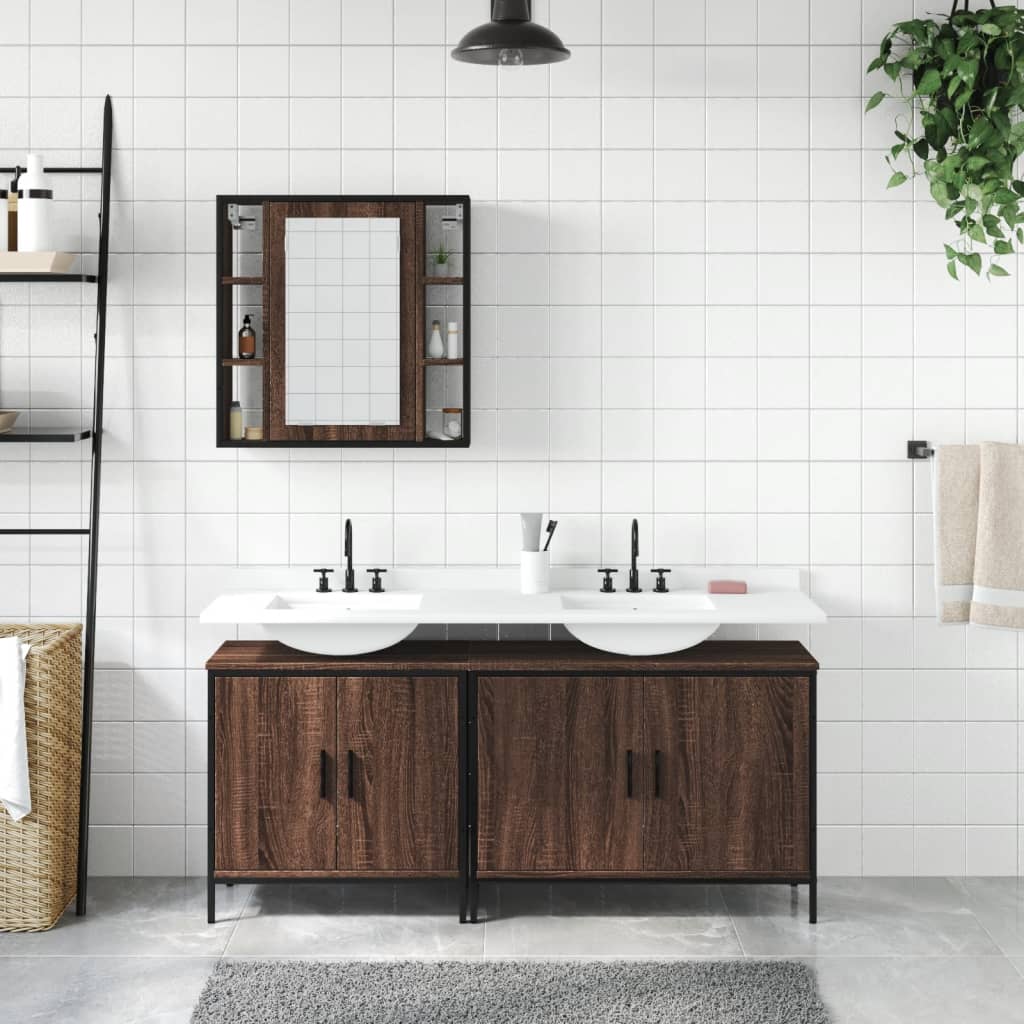 3-delige Badkamermeubelset bewerkt hout bruin eikenkleur is nu te koop bij PeponiXL, paradijselijk wonen!