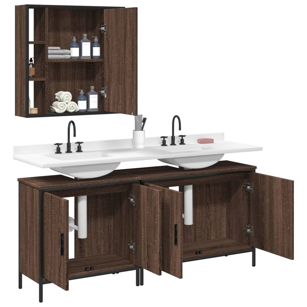 3-delige Badkamermeubelset bewerkt hout bruin eikenkleur is nu te koop bij PeponiXL, paradijselijk wonen!