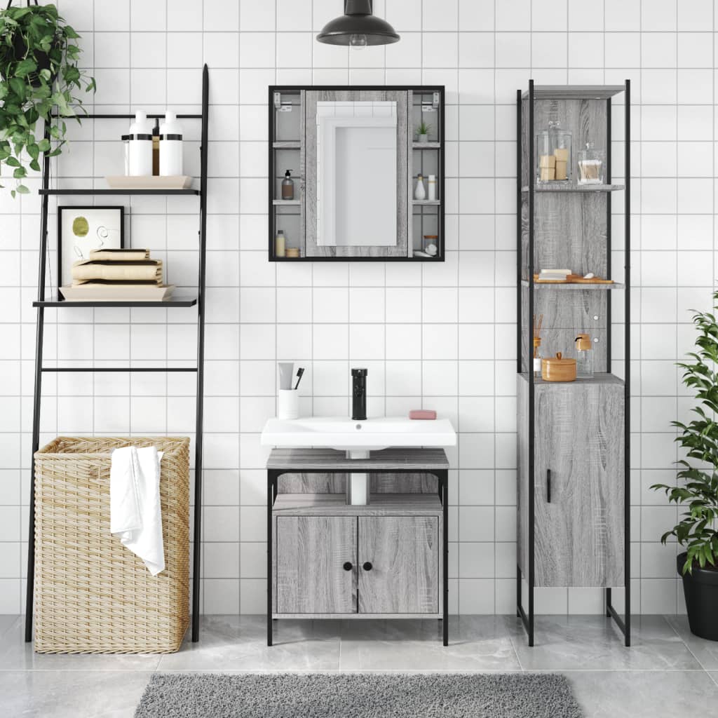 3-delige Badkamermeubelset bewerkt hout grijs sonoma eikenkleur is nu te koop bij PeponiXL, paradijselijk wonen!