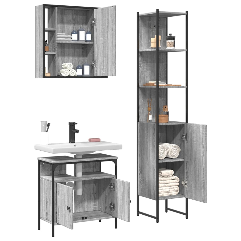 3-delige Badkamermeubelset bewerkt hout grijs sonoma eikenkleur is nu te koop bij PeponiXL, paradijselijk wonen!