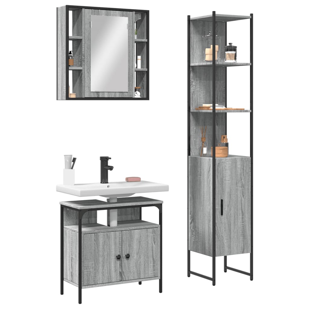 3-delige Badkamermeubelset bewerkt hout grijs sonoma eikenkleur is nu te koop bij PeponiXL, paradijselijk wonen!