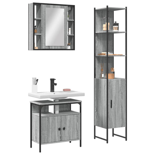3-delige Badkamermeubelset bewerkt hout grijs sonoma eikenkleur is nu te koop bij PeponiXL, paradijselijk wonen!