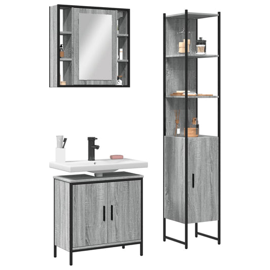 3-delige Badkamermeubelset bewerkt hout grijs sonoma eikenkleur is nu te koop bij PeponiXL, paradijselijk wonen!
