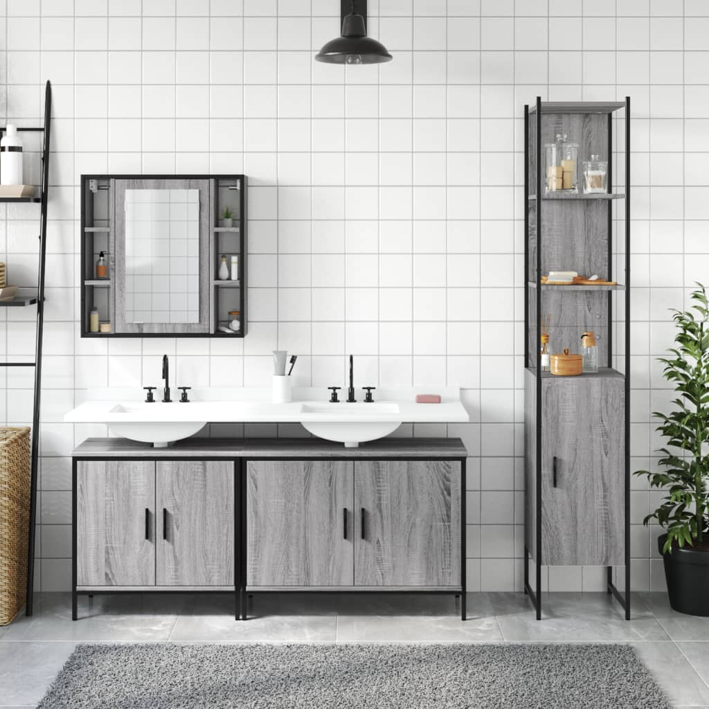 4-delige Badkamermeubelset bewerkt hout grijs sonoma eikenkleur is nu te koop bij PeponiXL, paradijselijk wonen!