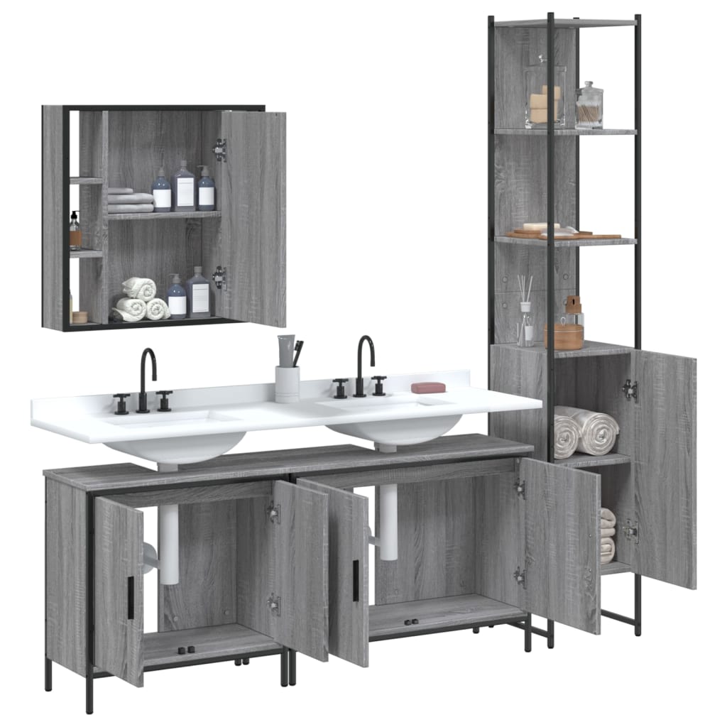 4-delige Badkamermeubelset bewerkt hout grijs sonoma eikenkleur is nu te koop bij PeponiXL, paradijselijk wonen!