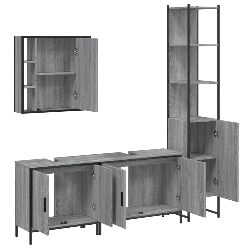4-delige Badkamermeubelset bewerkt hout grijs sonoma eikenkleur is nu te koop bij PeponiXL, paradijselijk wonen!