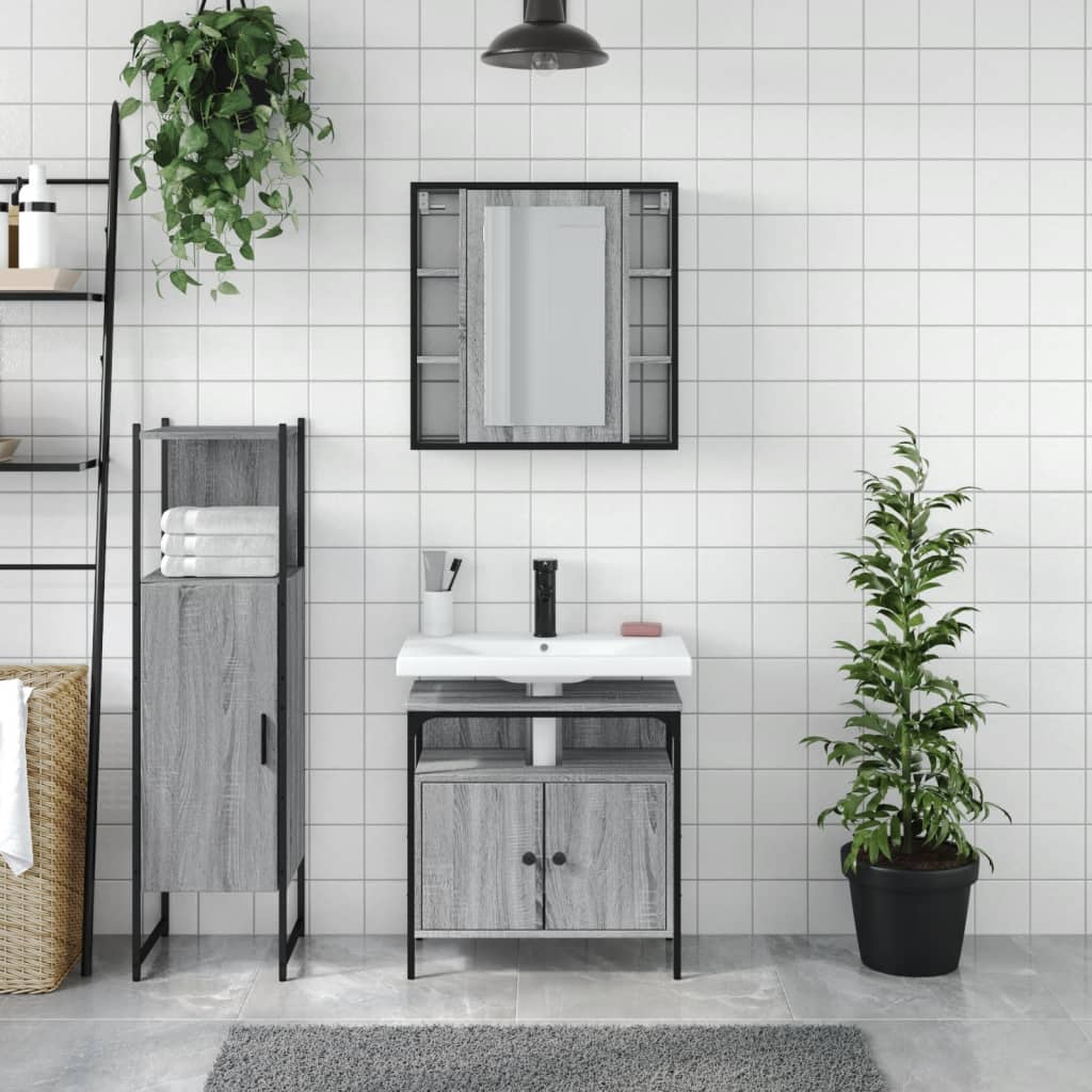 3-delige Badkamermeubelset bewerkt hout grijs sonoma eikenkleur is nu te koop bij PeponiXL, paradijselijk wonen!