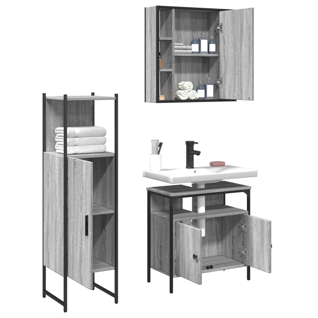3-delige Badkamermeubelset bewerkt hout grijs sonoma eikenkleur is nu te koop bij PeponiXL, paradijselijk wonen!