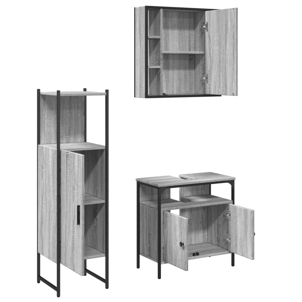 3-delige Badkamermeubelset bewerkt hout grijs sonoma eikenkleur is nu te koop bij PeponiXL, paradijselijk wonen!